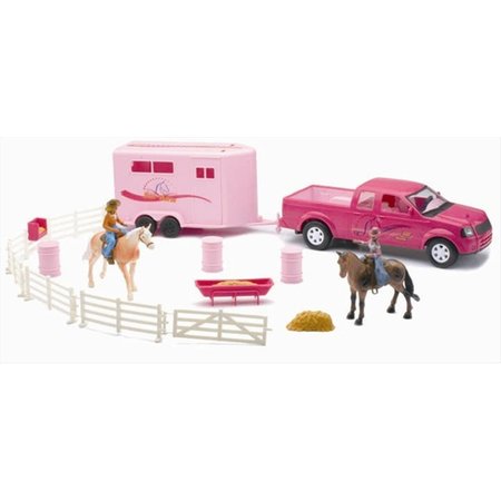 NEW RAY Pink Pick Up Truck with Horse Trailer Playset 6PK SS37335